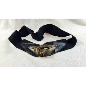 Vintage Stretch Belt Black 80's Brass Buckle African Tribal Boho Arrowhead